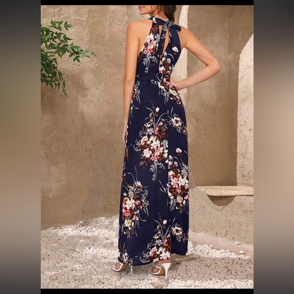 Shein Floral Print Tie Back Belted Maxi Dress Navy Blue women’s size small - Picture 5 of 15